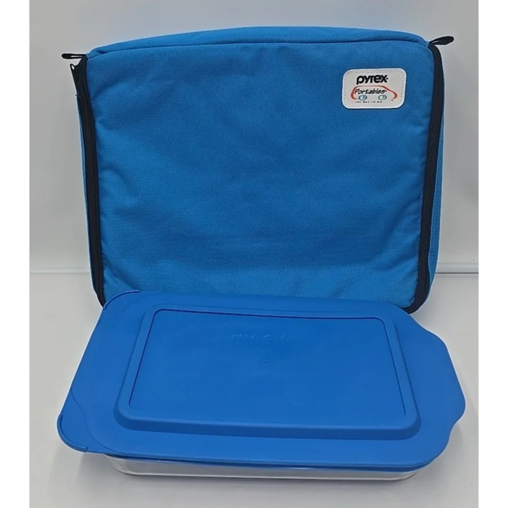 Pyrex Portables Insulated Carrier Glass Baking Casserole Safe Clear Storage Blue